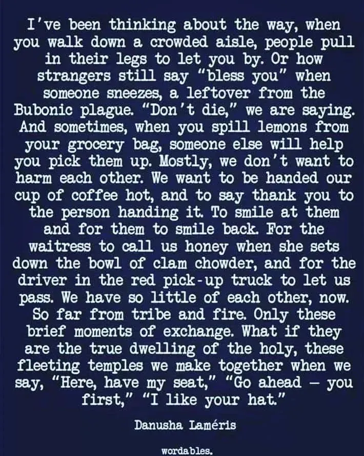 Text of the poem "Small Kindnesses" by Danusha Lameris, readable here: https://www.danushalameris.com/poems